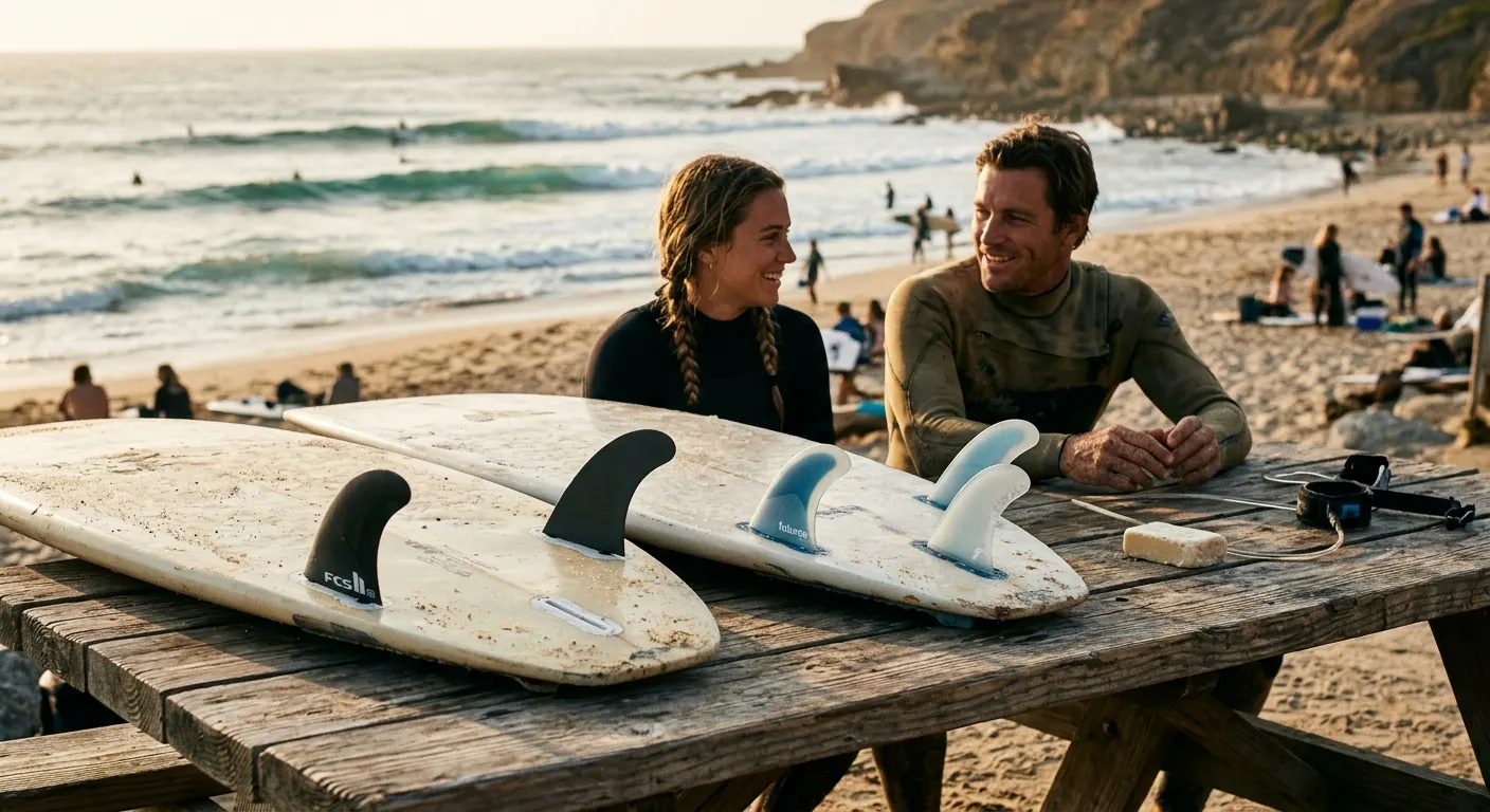 FCS and Futures surf fins laid out on a weathered wooden surface with fine sand grains and a wax comb in the frame, natural coastal daylight, flat lay editorial style