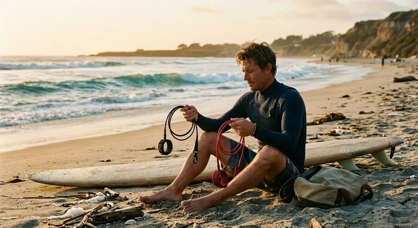 Close-up of a surf leash ankle cuff resting on wet sand at the water's edge, teal ocean water visible in the background, golden-hour light, photoreal coastal scene