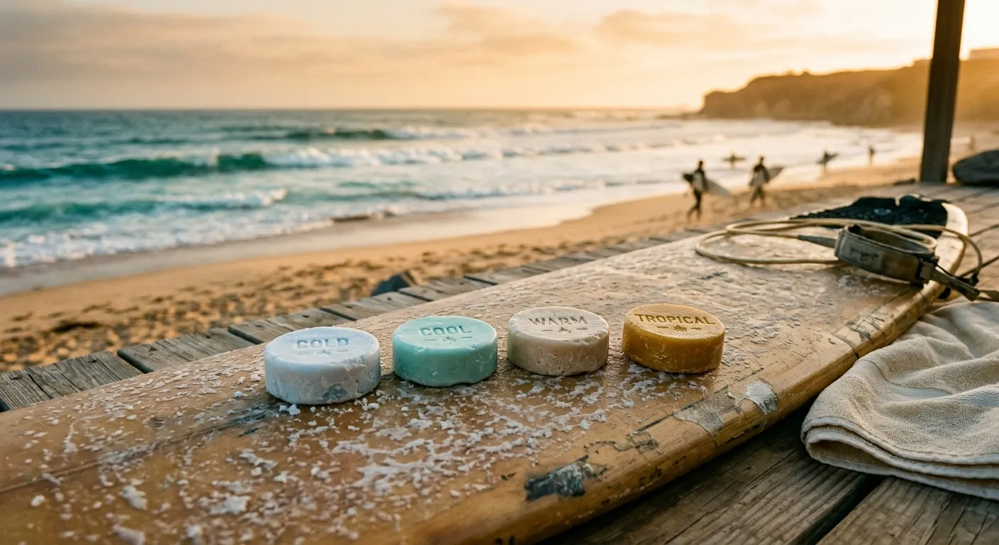 Surf wax block being applied mid-stroke to a surfboard deck, fingertips visible pressing the wax, warm amber sunlight falling across the board surface, coastal workshop setting